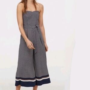 NEW H&M Jumpsuit 3/4 Length Blue White Strapless Geometric Dress Size 0